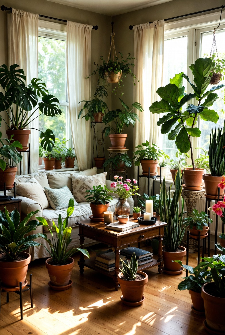 Elegant living room featuring curated indoor plant collection with varied textures