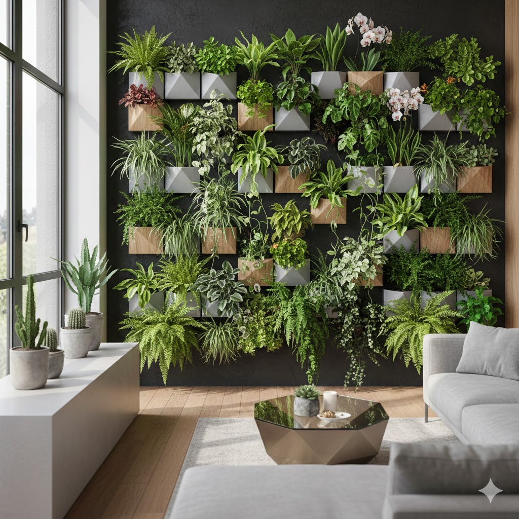 Stunning vertical garden wall with diverse plant species in modern interior