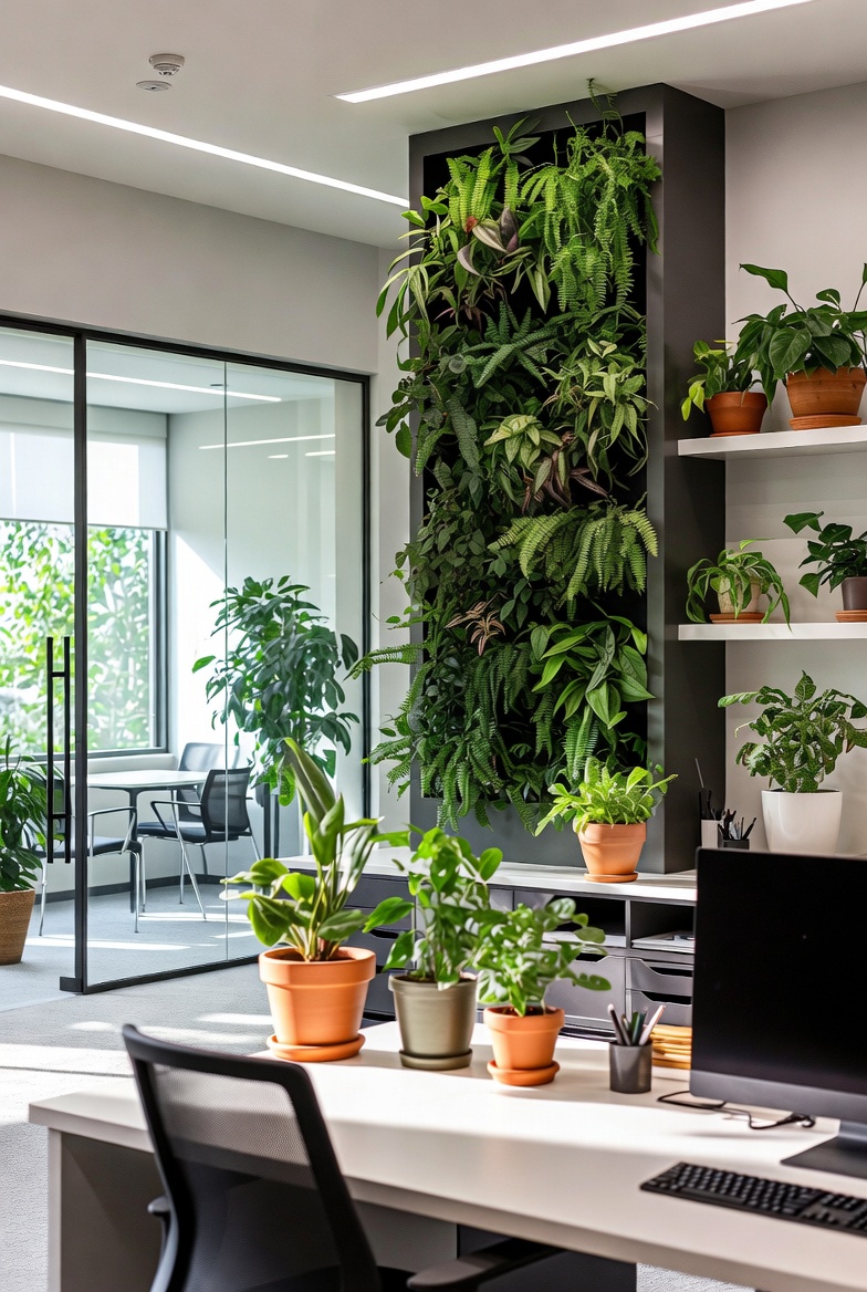 Modern office space with integrated vertical garden and desk plants